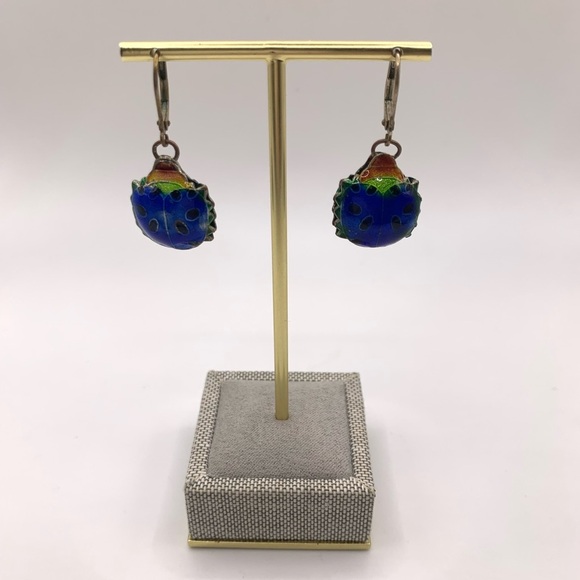 Jewelry - Vintage blue enameled lay bug earrings